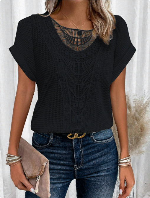 Pull à manches courtes ajouré, style ethnique