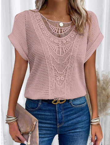 Pull à manches courtes ajouré, style ethnique
