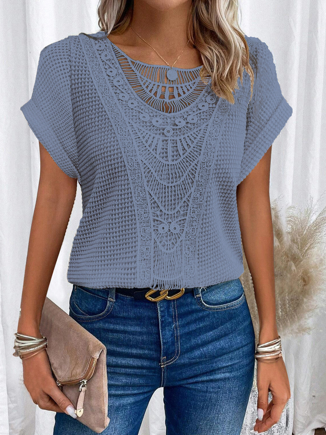 Pull à manches courtes ajouré, style ethnique