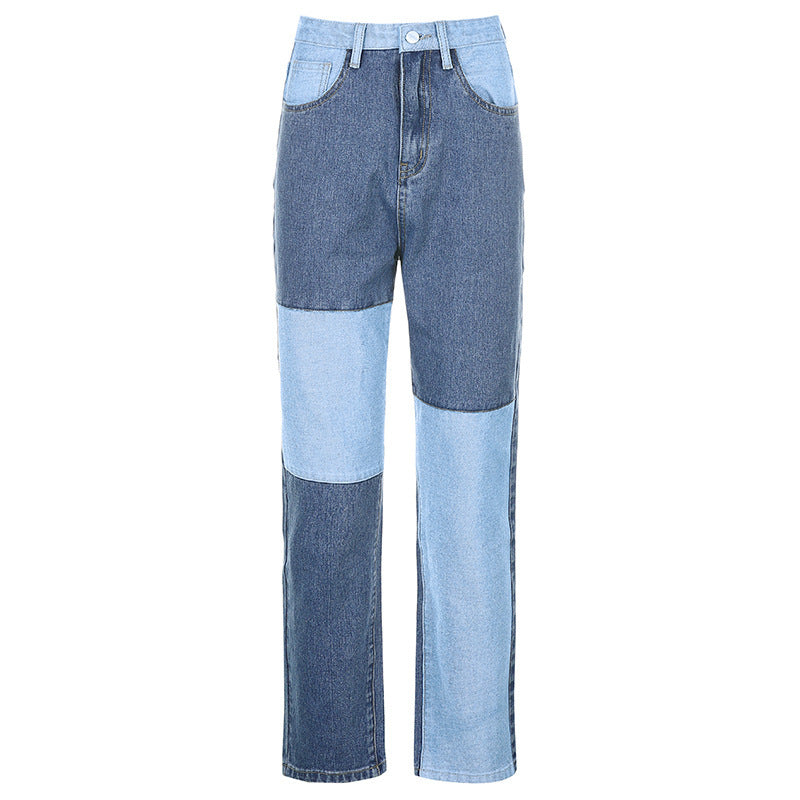 Jean droit taille haute à coutures contrastées