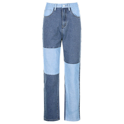 Jean droit taille haute à coutures contrastées