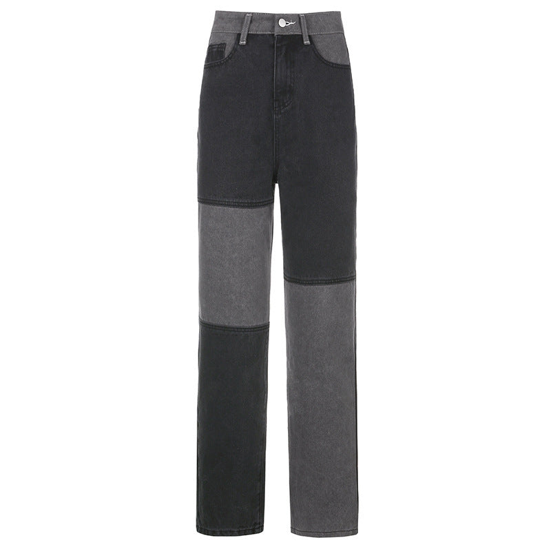 Jean droit taille haute à coutures contrastées