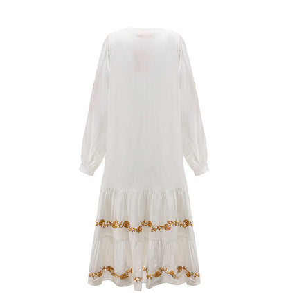 Robe ample brodée à col en V Jupe longue brodée