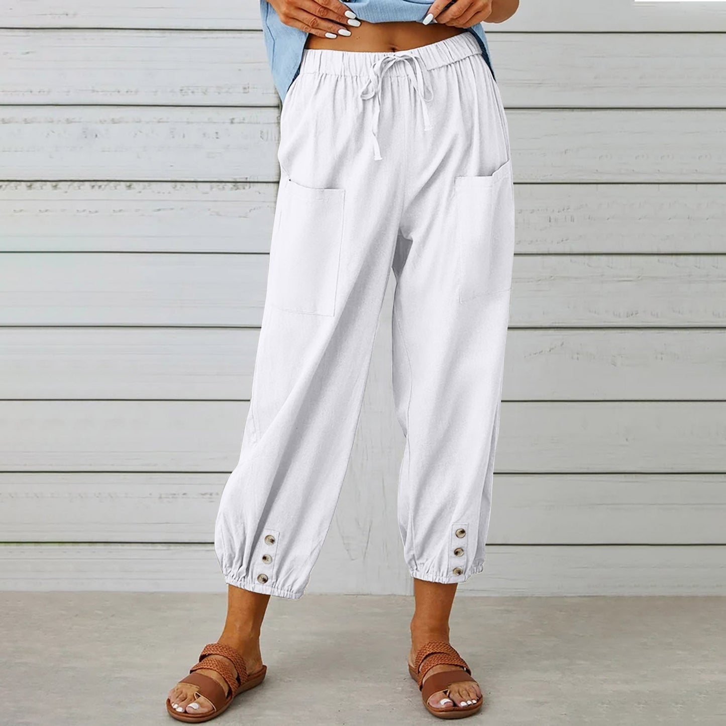 Pantalon à cordon de serrage en coton et lin