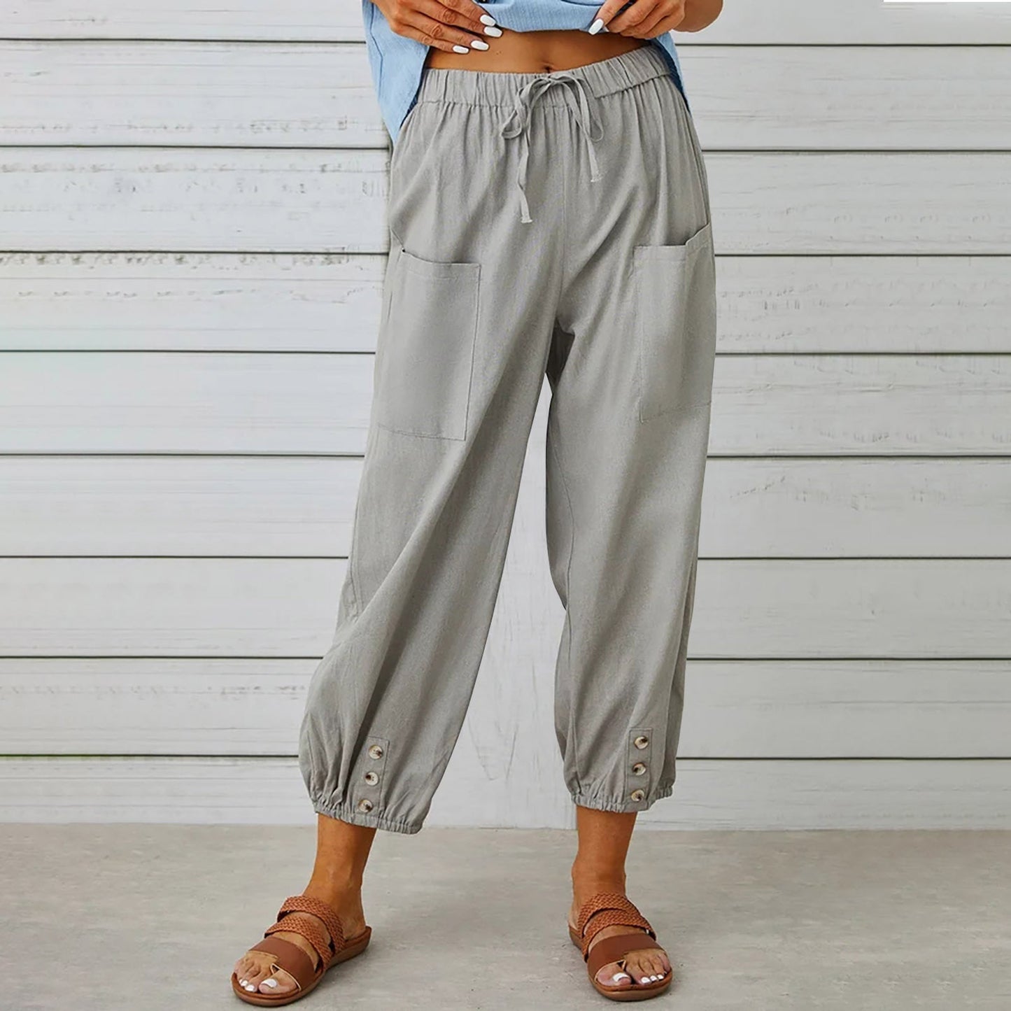 Pantalon à cordon de serrage en coton et lin