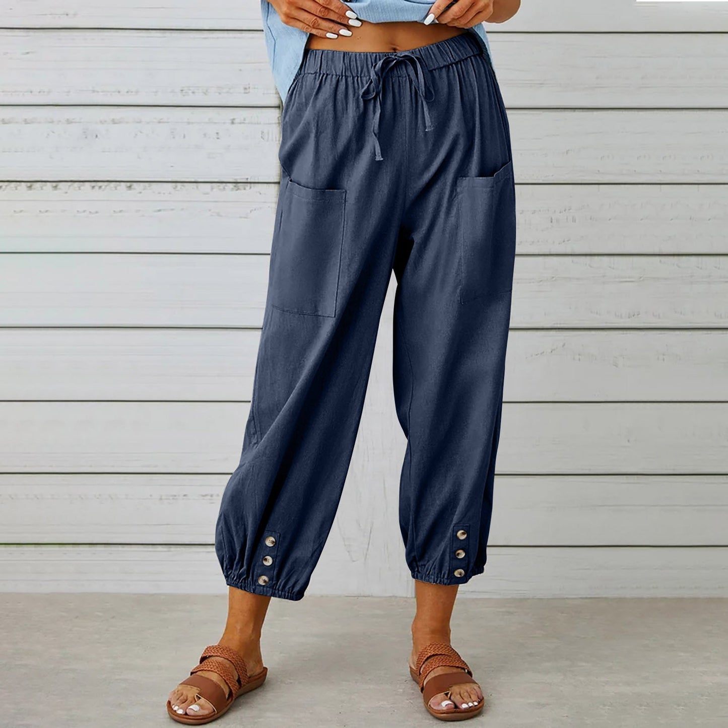 Pantalon à cordon de serrage en coton et lin