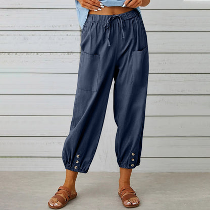 Pantalon à cordon de serrage en coton et lin