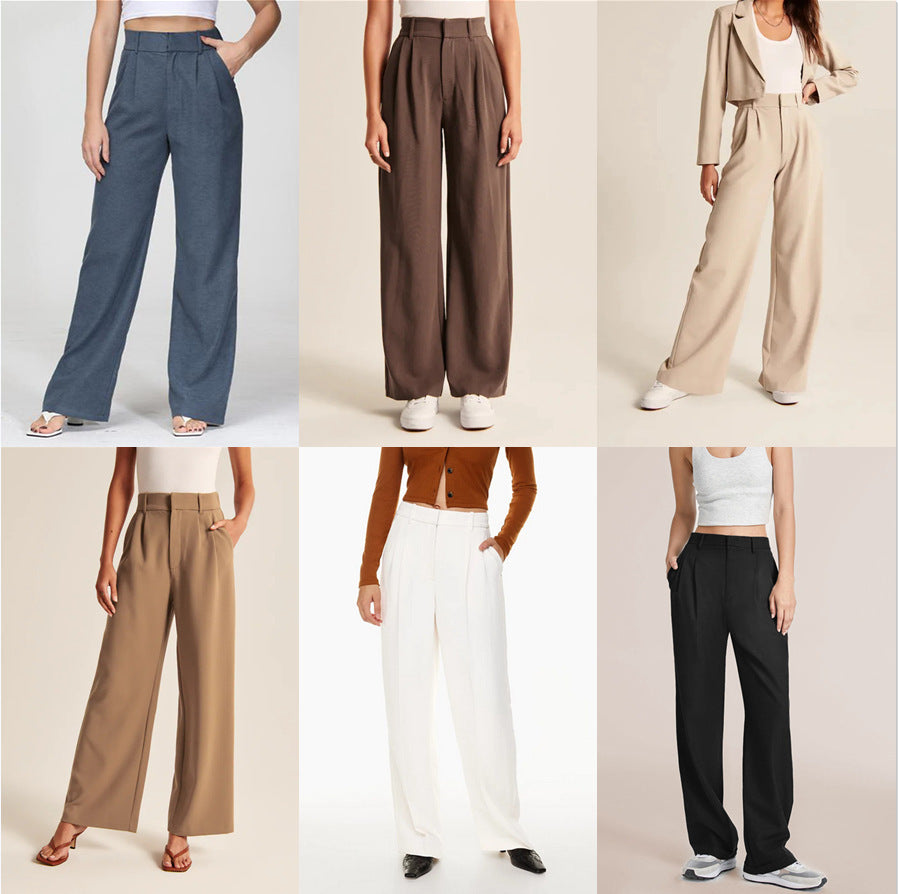 Pantalon droit taille haute  décontracté à jambes larges