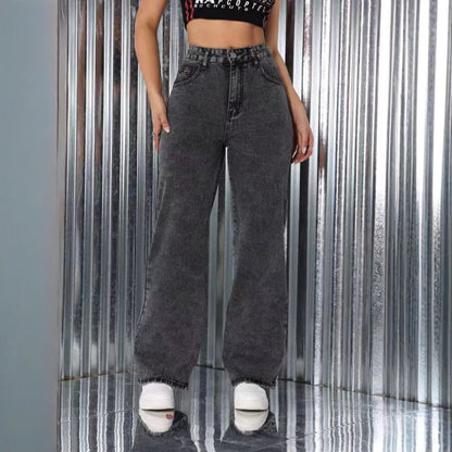 Jean brodé taille haute, coupe droite