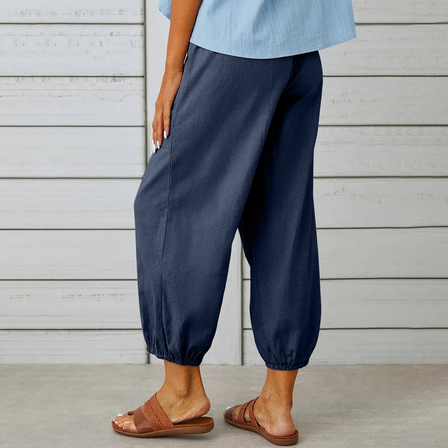 Pantalon à cordon de serrage en coton et lin