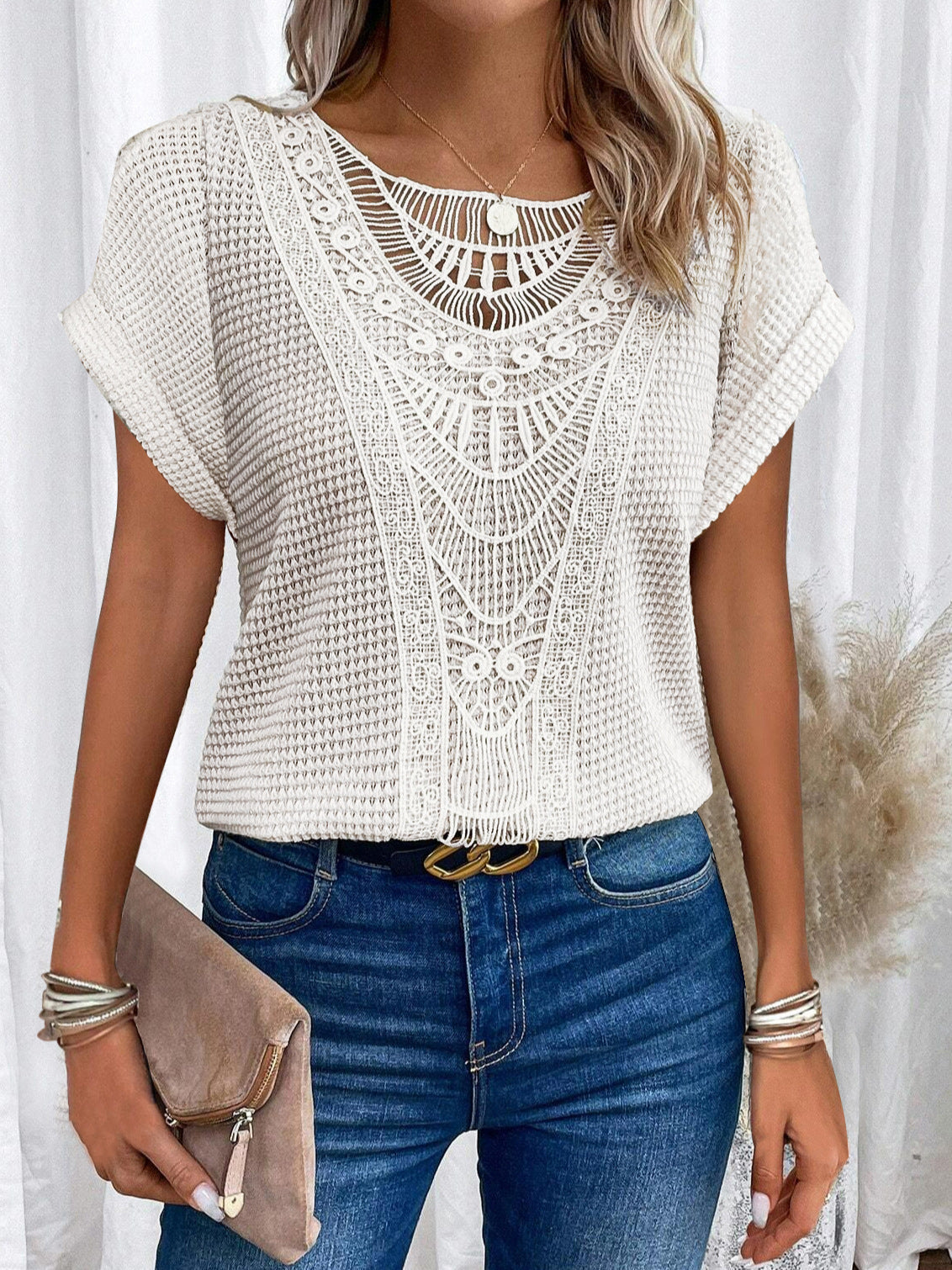 Pull  à manches courtes ajouré, style ethnique