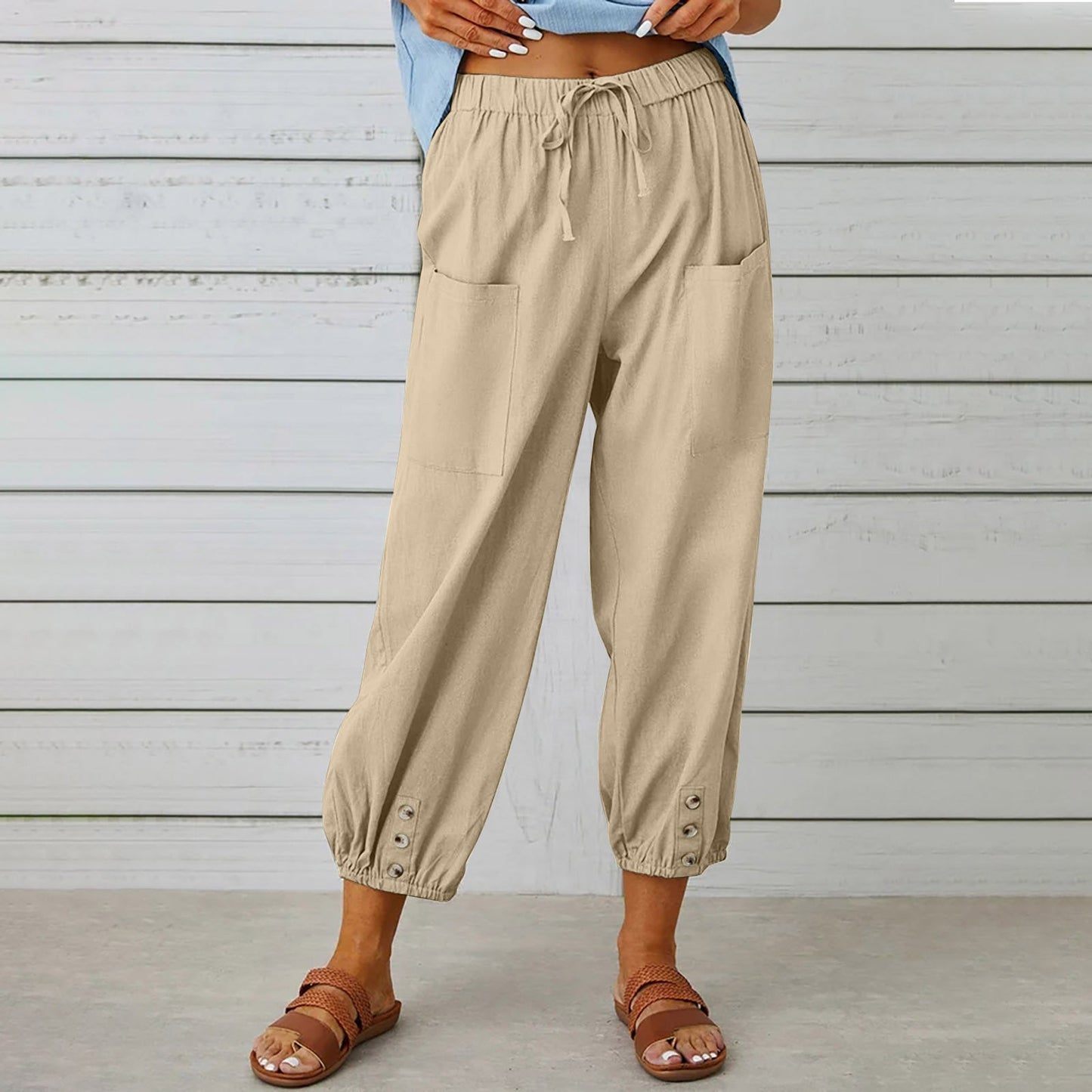 Pantalon à cordon de serrage en coton et lin
