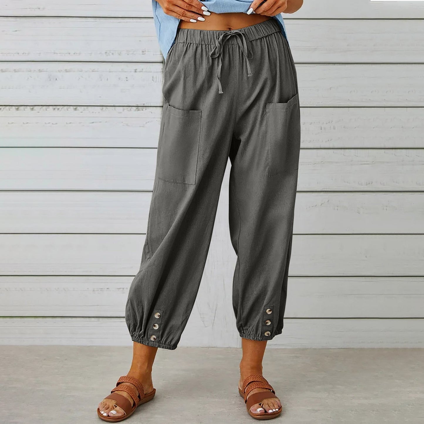 Pantalon à cordon de serrage en coton et lin