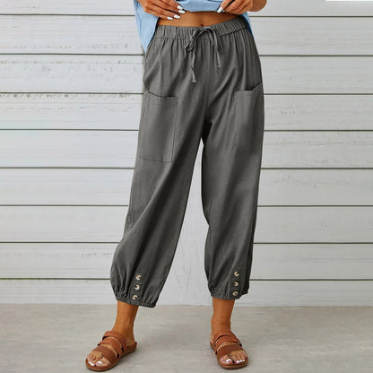 Pantalon à cordon de serrage en coton et lin
