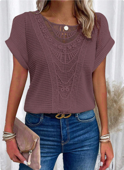 Pull  à manches courtes ajouré, style ethnique