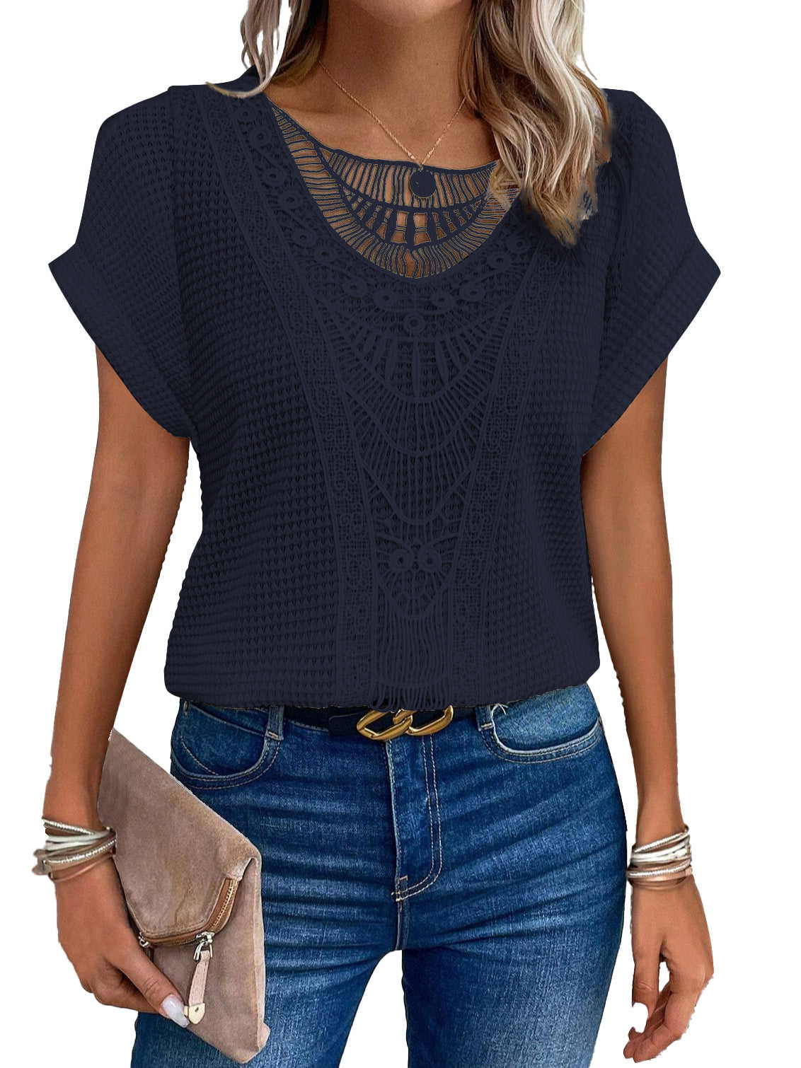 Pull  à manches courtes ajouré, style ethnique